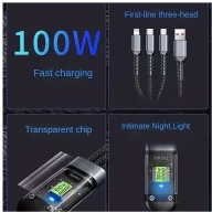   100W Szuper gyors 3 in 1 LED kijelzős mobiltelefon töltőkábel