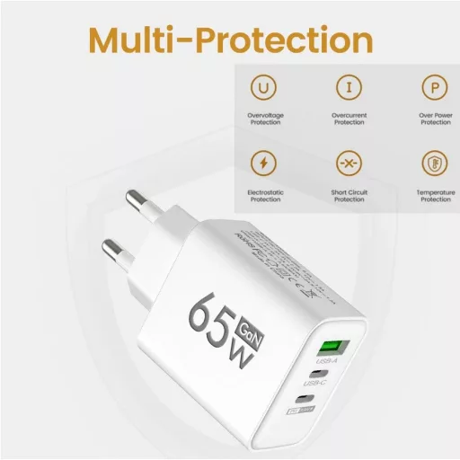 65W 1xUSB-A 1xUSB-C 1xUSB-PD fekete fali töltő