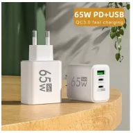   65W 1xUSB-A 1xUSB-C 1xUSB-PD fehér adapter hálózati gyostöltő