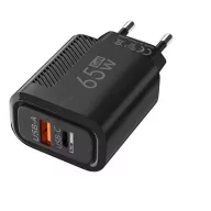 65W 1xUSB-C 1xUSB fekete adapter hálózati gyostöltő