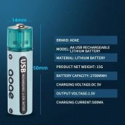 1,5V AA 1750mAh 2700mWh 14500 USB Li-ion ceruza akkumulátor