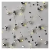    LED karácsonyi fényfüzér – ezüst gömb csillagokkal,1,9m, 2xAA, beltéri, meleg fehér, időzítő DCGW10