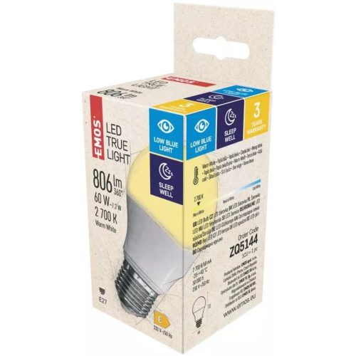 7,2W E27 EMOS True Light 806lm A60 2700K LED izzó