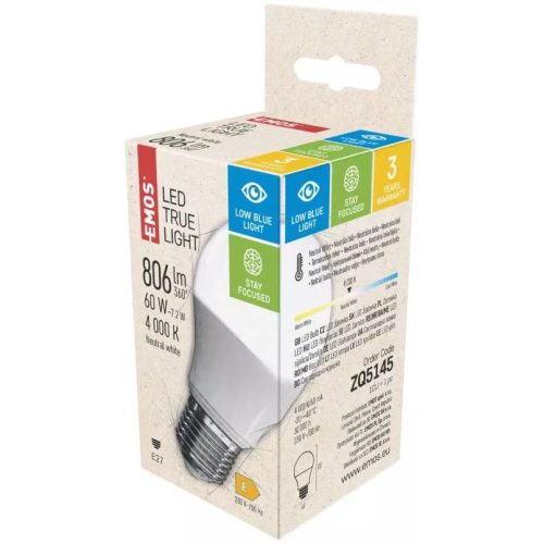 7,2W E27 EMOS True Light 806lm A60 4000K LED izzó