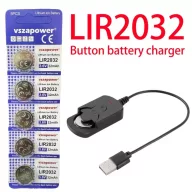   Gombelem töltő fekete + 5db LIR2032 3,6V 32mAh Li-ion gombelem akkumulátor
