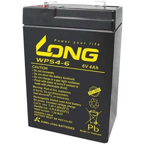 Long WPS4-6 6V 4Ah gondozásmentes zselés riasztó akkumulátor