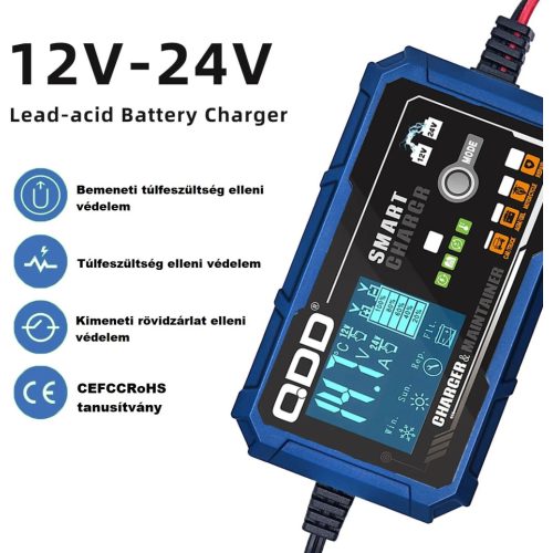 QDD Smart Charger 12V 3A 24V 2,5-5A ólomsavas akkumulátor töltő