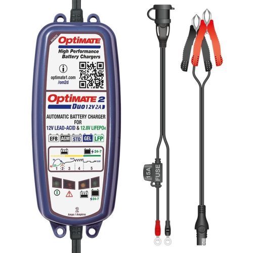 TecMate OptiMate 2 DUO 12-12,8V/2A/6-96Ah AGM/GEL/STD/VRLA/LiFePO4 automata töltő