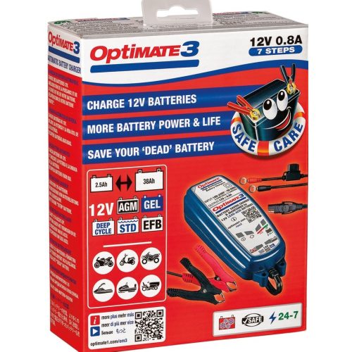 TecMate OptiMate 3 12V/0,8A/2,5-38Ah AGM/Deep cycle/EFB/GEL/STD/VRLA automata töltő