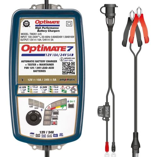 TecMate OptiMate 7 12-24V/10A-5A/10-240Ah/5-120Ah Profi AGM/Ca-Ca/Deep cycle/EFB/GEL/STD/VRLA automata töltő