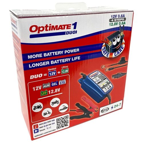 TecMate Optimate 1 DUO 12-12,8V/0,6A/2-20Ah AGM/GEL/STD/VRLA/LiFePO4 automata töltő