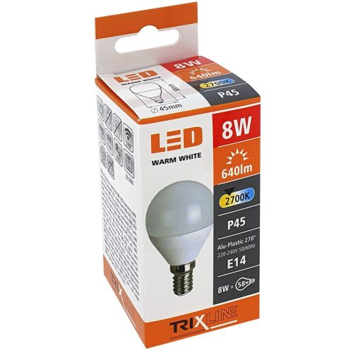 8W E14 Trixline 640lm meleg fehér P45 kisgömb LED izzó