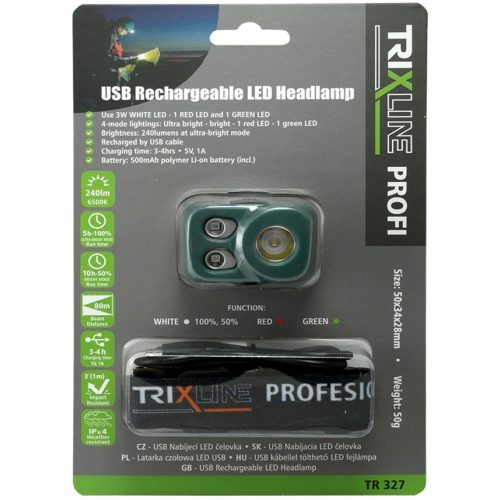 Trixline PROFI TR 327 3W zöld-piros USB újratölthető led fejlámpa