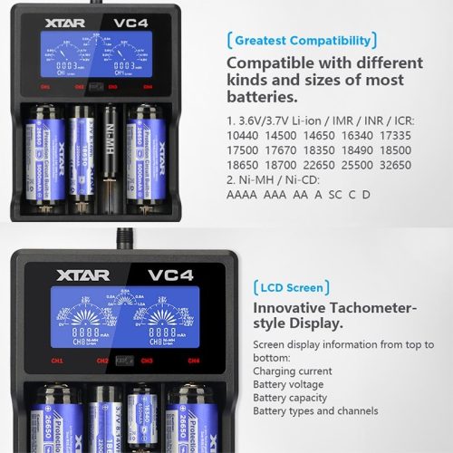 Xtar VC4 1,2V/3,6V/3,7V Ni-Mh/Ni-CD/Li-ion akkumulátor töltő