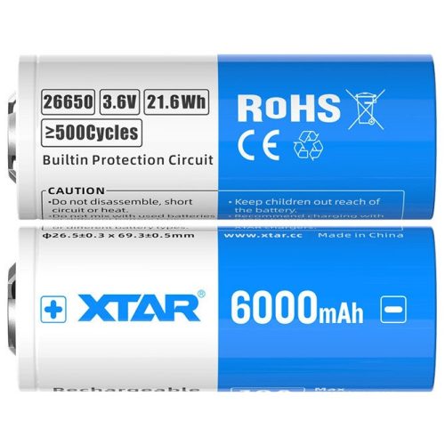 Xtar 26650 3,6V 6000mAh 21.6Wh védelemmel ellátott Li-ion akkumulátor