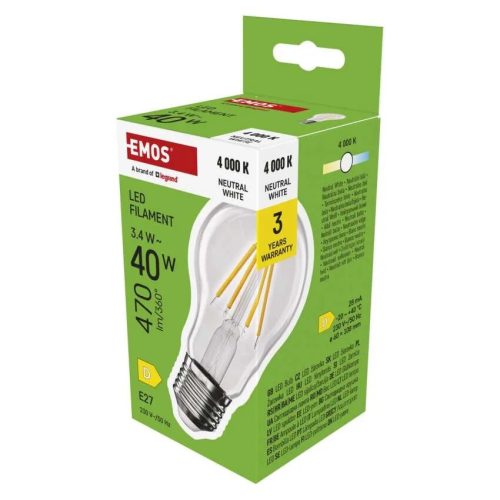  LED izzó Filament A60 / E27 / 3,4 W (40 W) / 470 lm / Természetes fehér ZF5D23