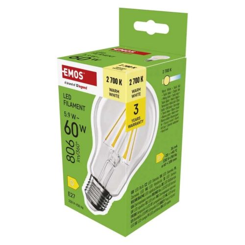  LED izzó Filament A60 / E27 / 5,9 W (60 W) / 806 lm / Meleg fehér ZF5D42