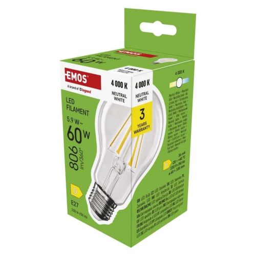  LED izzó Filament A60 / E27 / 5,9 W (60 W) / 806 lm / Természetes fehér ZF5D43