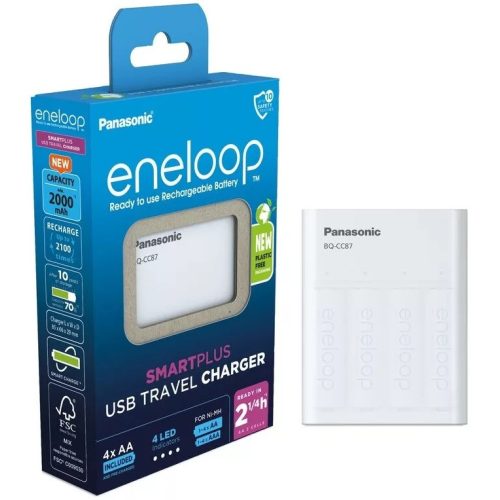 Panasonic eneloop BQ-CC87 töltő+4x2000mAh SMARTPLUS AA AAA USB Travel elem töltő