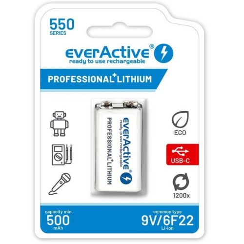 everActive 550mAh HR22 USB-C Lithium tölthető hasáb 9V elem