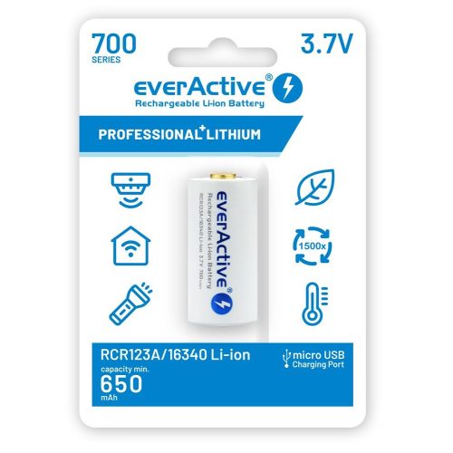 everActive 16340 RCR123A micro USB 3,7V 650mAh Lithium akkumulátor