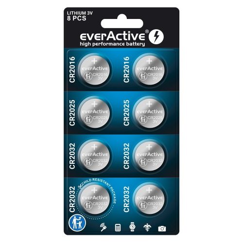 8 darabos everActive lithium gombelem set 4 x CR2032 2 x CR2025 2 x 2016 