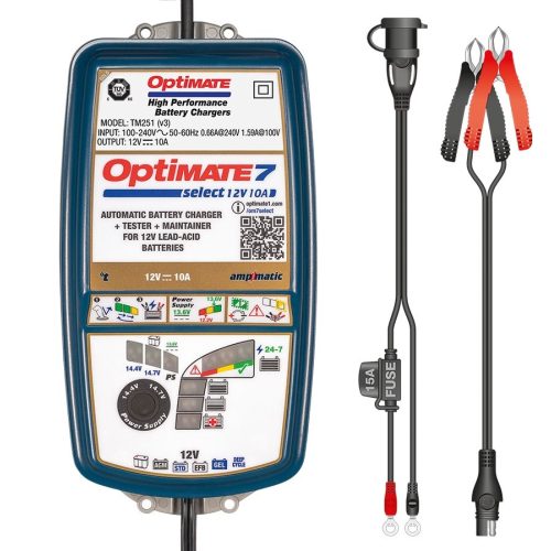 TecMate OptiMate 7 Select 12V/10A/3-240Ah/ Profi AGM/Ca-Ca/Deep cycle/EFB/GEL/STD/VRLA automata töltő 