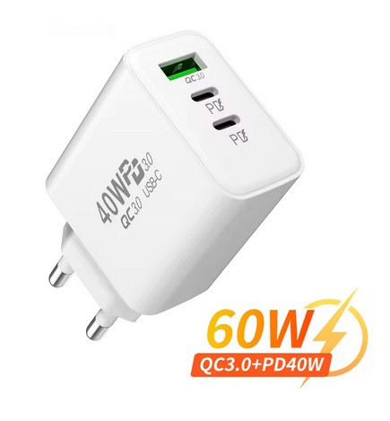 40W 2xUSB PD 1xUSB QC3.0 fehér adapter hálózati gyostöltő