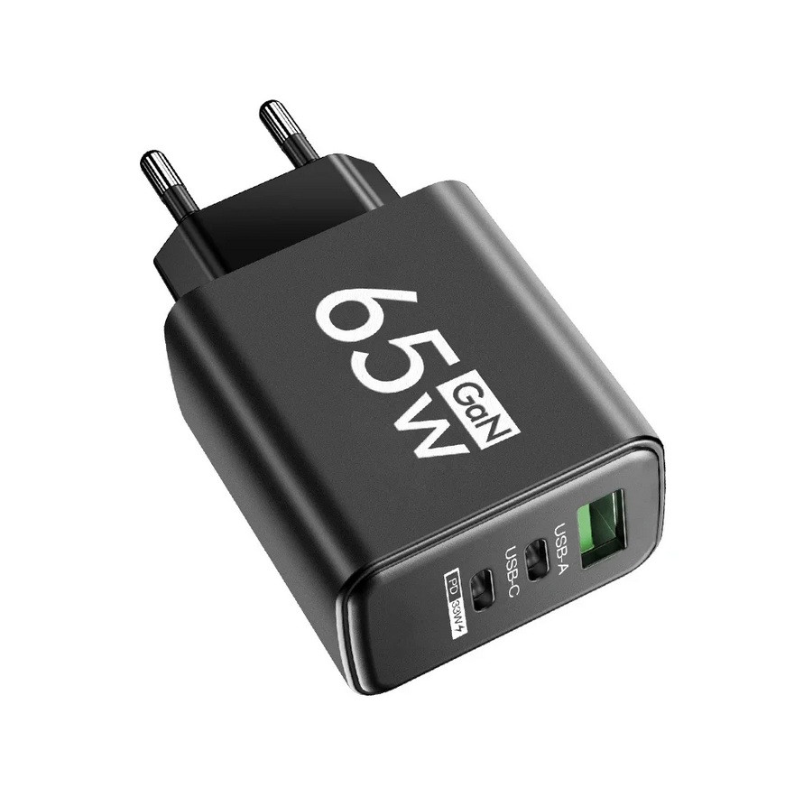 65W 1xUSB-A 1xUSB-C 1xUSB-PD fekete fali töltő