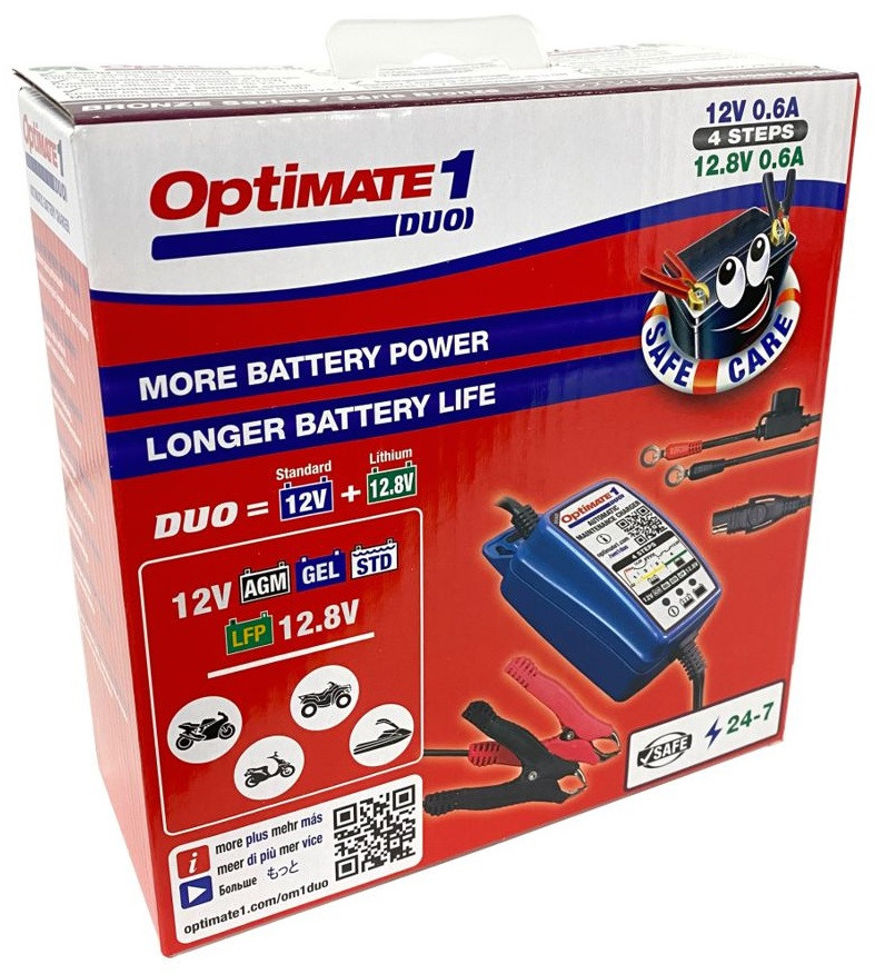 TecMate Optimate 1 DUO 12-12,8V/0,6A/2-20Ah AGM/GEL/STD/VRLA/LiFePO4 automata töltő