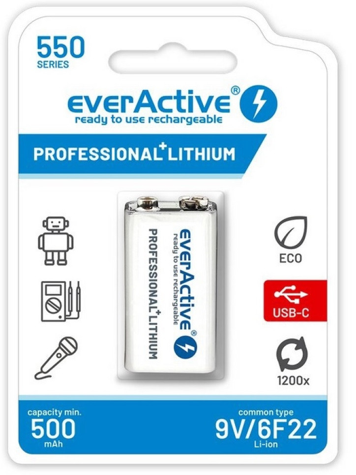 everActive 550mAh 7,4V HR22 USB-C Litium 9V tölthető elem